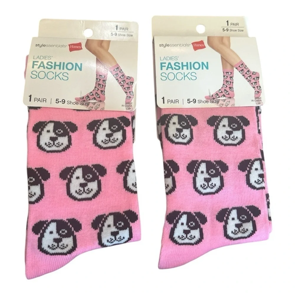 Hanes Ladies’ Fashion Socks Pink Dog Print – 2 Pairs, Size 5-9, NWT